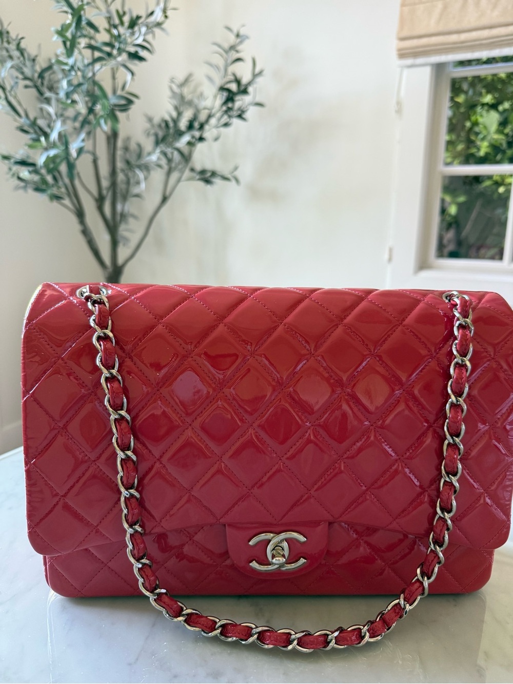 CHANEL Pink Quilted Patent Leather Shoulder Bag with Chain Strap